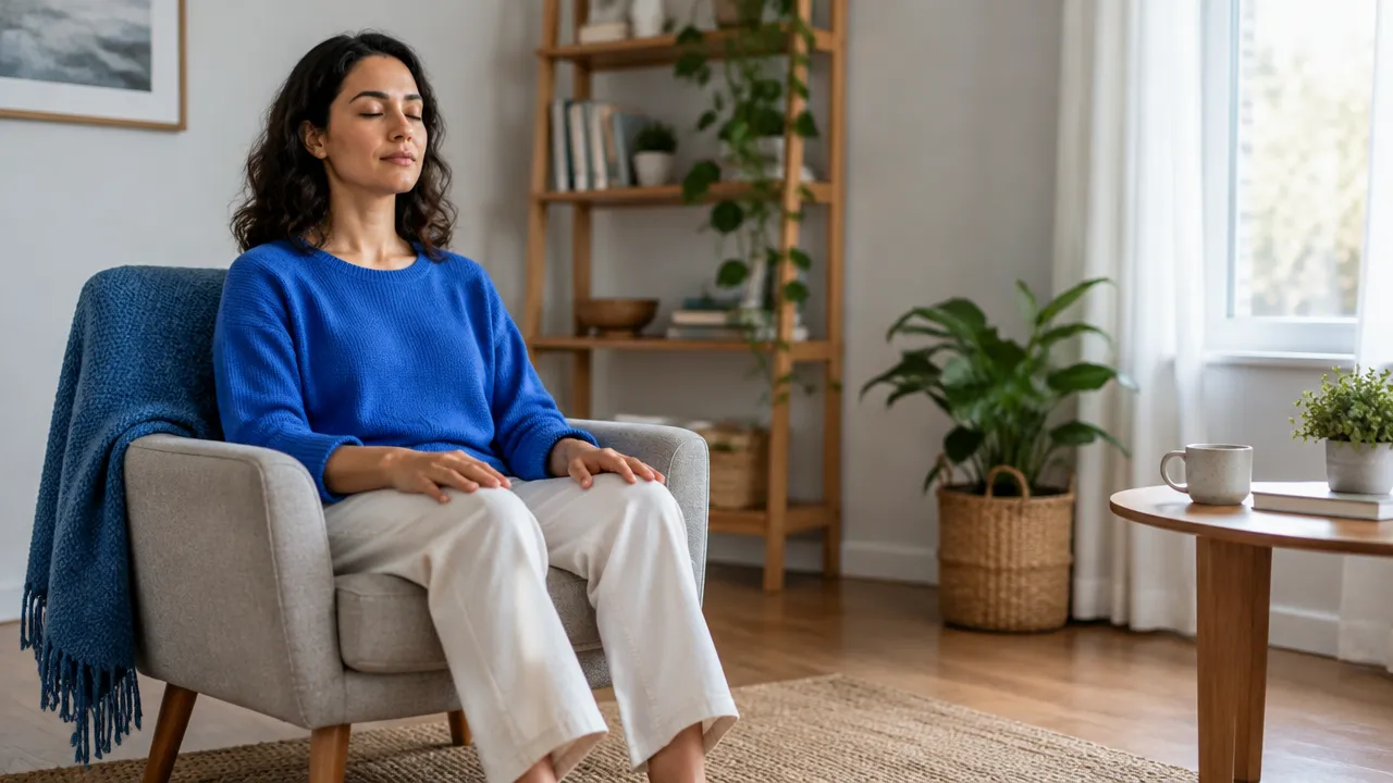 Pessoa sentada com os pés no chão praticando respiração consciente para acolher emoções