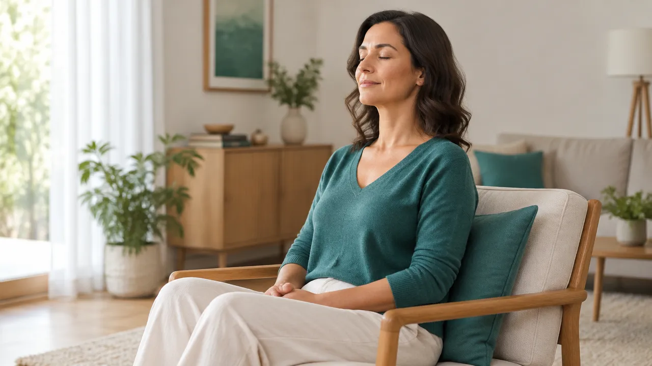 Pessoa sentada confortavelmente com os olhos fechados durante uma pausa silenciosa de meditação