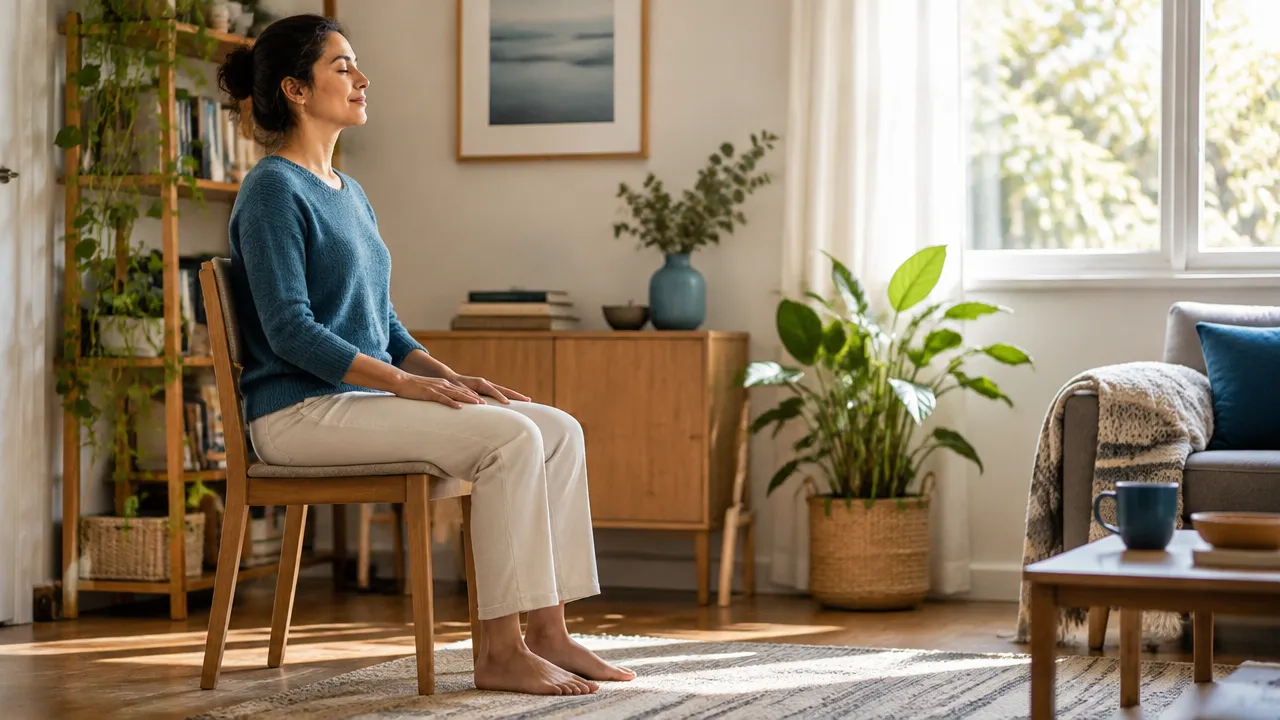 Pessoa sentada confortavelmente em casa, com os pés no chão, praticando alguns minutos de respiração consciente.