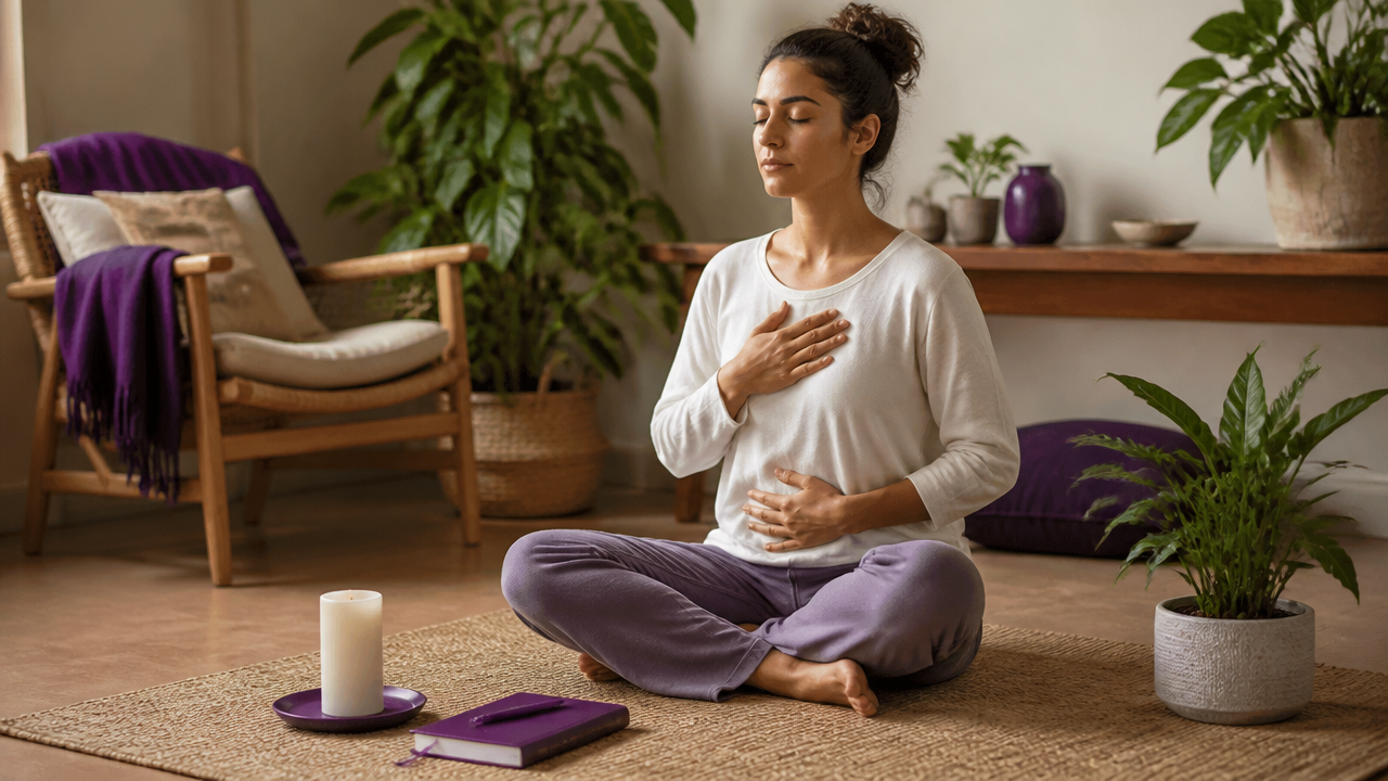Pessoa sentada em casa praticando respiração consciente ao lado de um diário e uma planta para equilibrar a energia