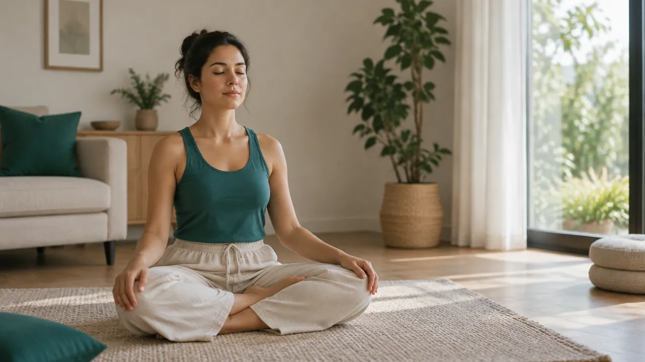 Pessoa sentada em silêncio no tapete após a prática de yoga, com postura relaxada e atenção à respiração.