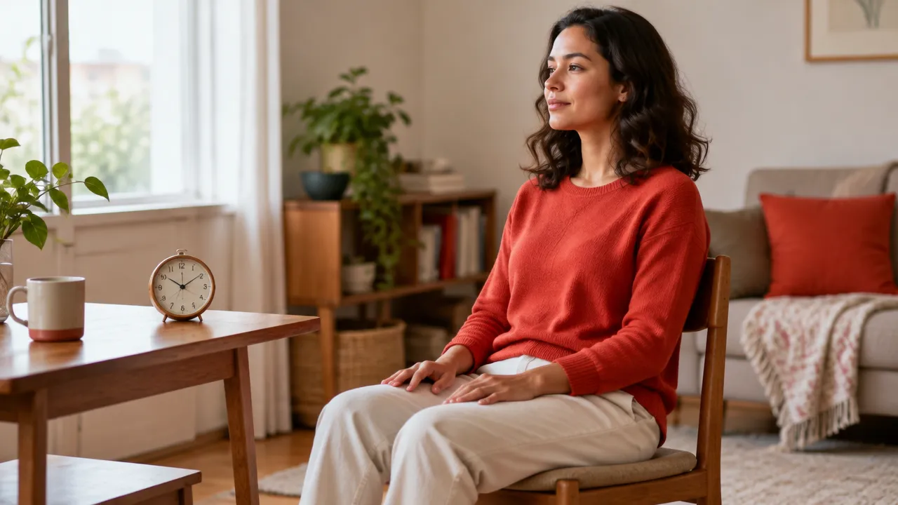 Pessoa sentada numa cadeira com os pés no chão, praticando uma breve meditação em casa