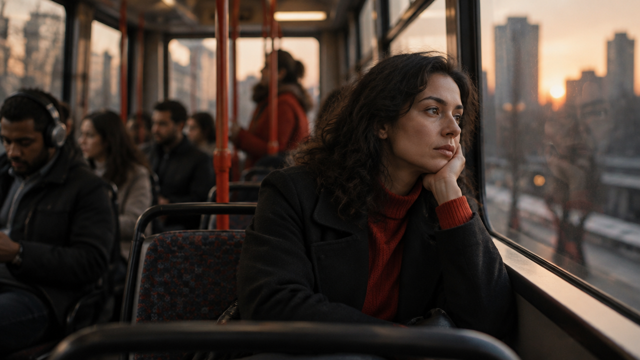 Pessoa sozinha no transporte público entre outras, representando a desconexão social e seus efeitos na saúde coletiva
