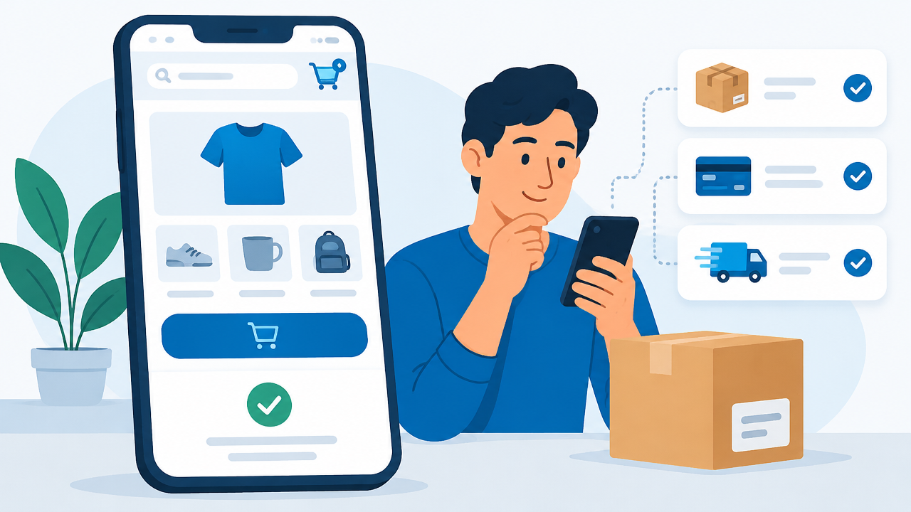 Pessoa testando uma compra em uma loja online pelo celular e conferindo pedido, pagamento e entrega