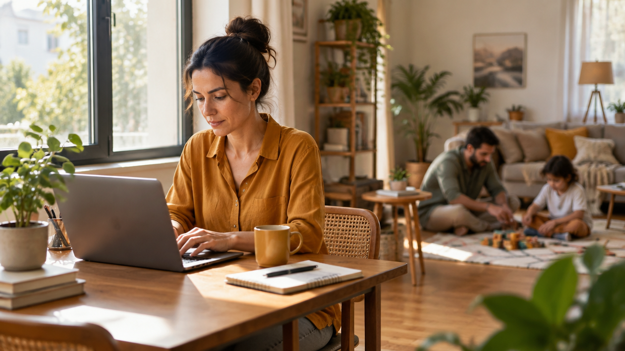 Pessoa trabalhando com atenção em casa enquanto a família realiza uma atividade tranquila