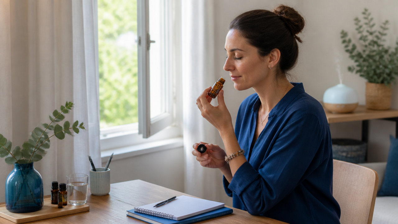 Pessoa usando aromaterapia com ventilação adequada e planejamento de estudo ao lado.