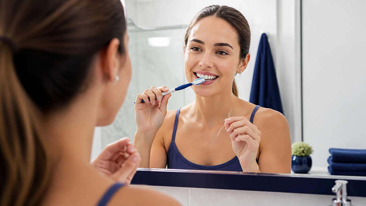 Pessoa usando escova macia e fio dental na rotina de higiene bucal em casa