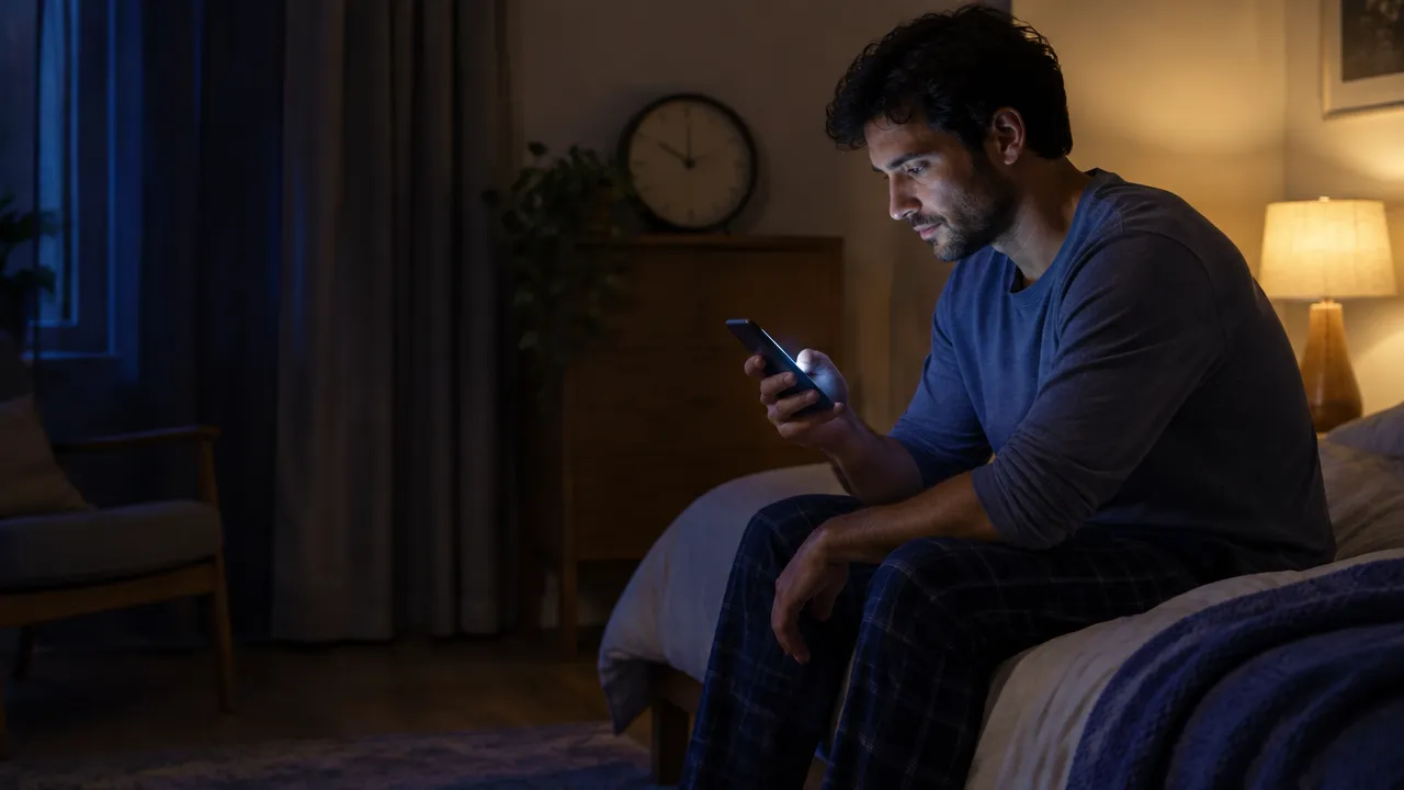 Pessoa usando o celular à noite no quarto, representando hábitos digitais que podem afetar o descanso e as escolhas do dia seguinte
