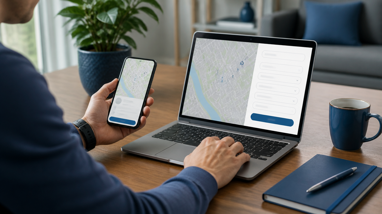 Pessoa usando smartphone e notebook para localizar assistência técnica e solicitar reparo online