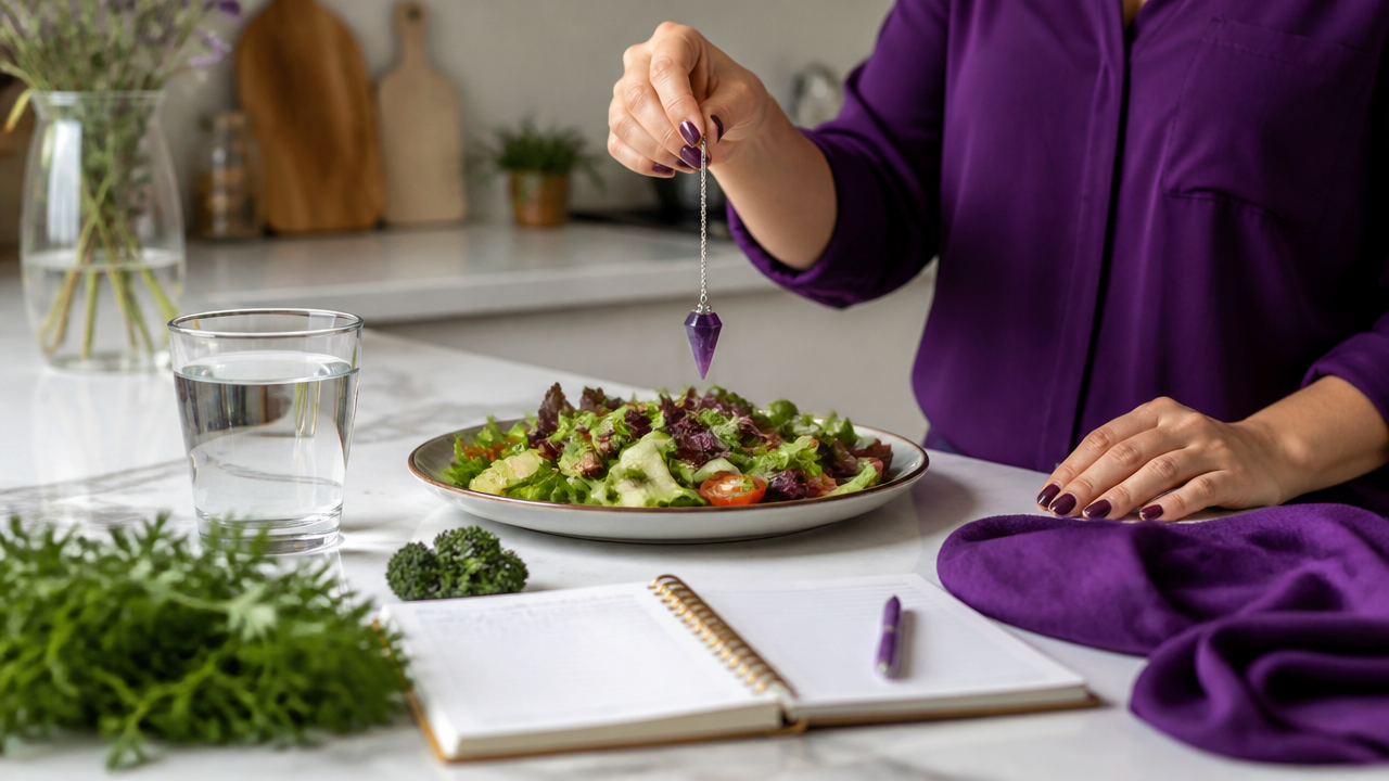 Pessoa usando um pêndulo sobre salada e copo de água em bancada de cozinha.