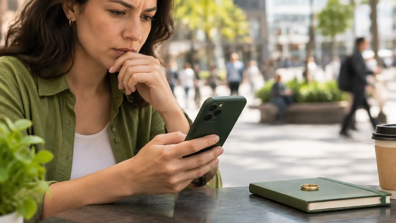 Pessoa verifica com cautela no celular uma proposta de venda de joias antes de marcar encontro