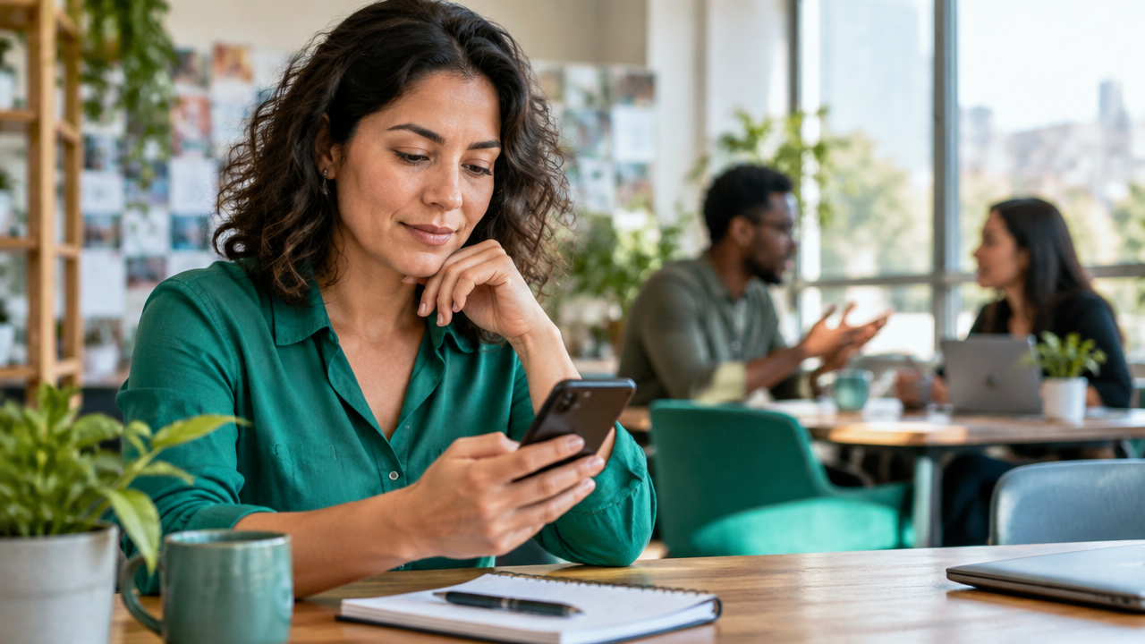 Pessoa verifica uma publicação no smartphone antes de compartilhá-la, enquanto outras conversam ao fundo.