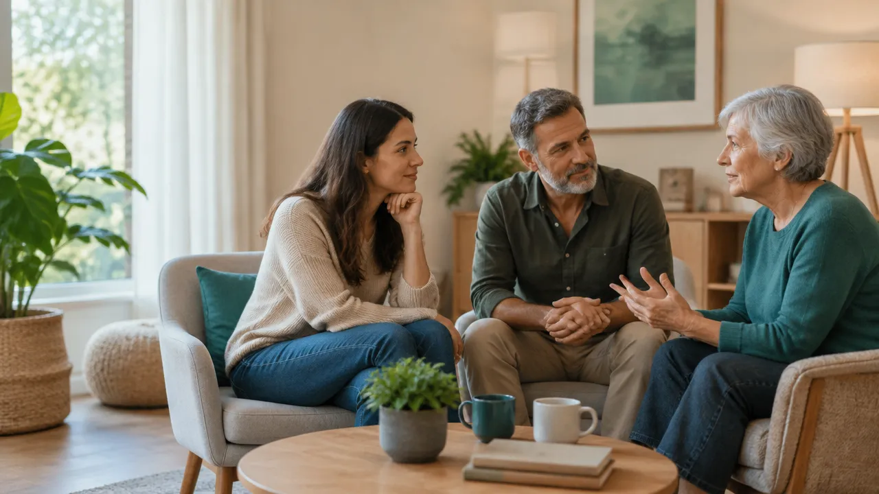 Pessoas de diferentes gerações conversam com atenção em um ambiente acolhedor