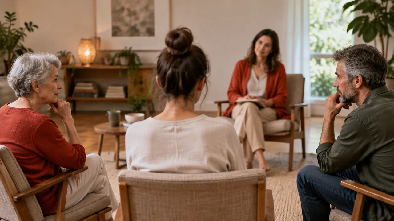 Pessoas de diferentes gerações em uma sala acolhedora, representando reflexão sobre vínculos familiares