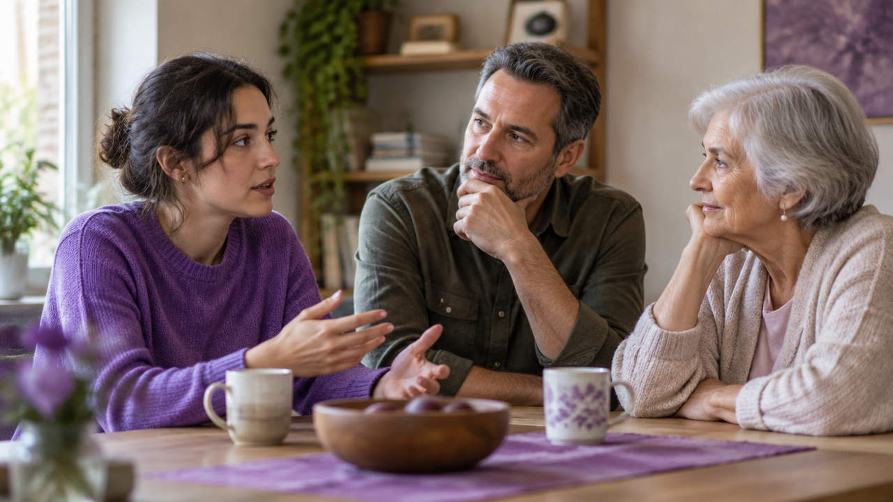 Pessoas de diferentes idades conversam ao redor de uma mesa, com atenção e abertura para se compreenderem.