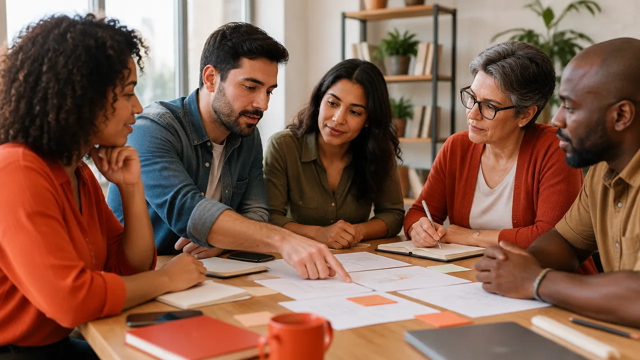 Pessoas de uma equipe planejam juntas ações de reparação, com papéis e escuta atenta ao redor da mesa.
