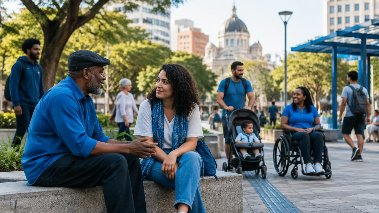 Pessoas diversas compartilham uma praça acessível, representando a construção coletiva da justiça social.