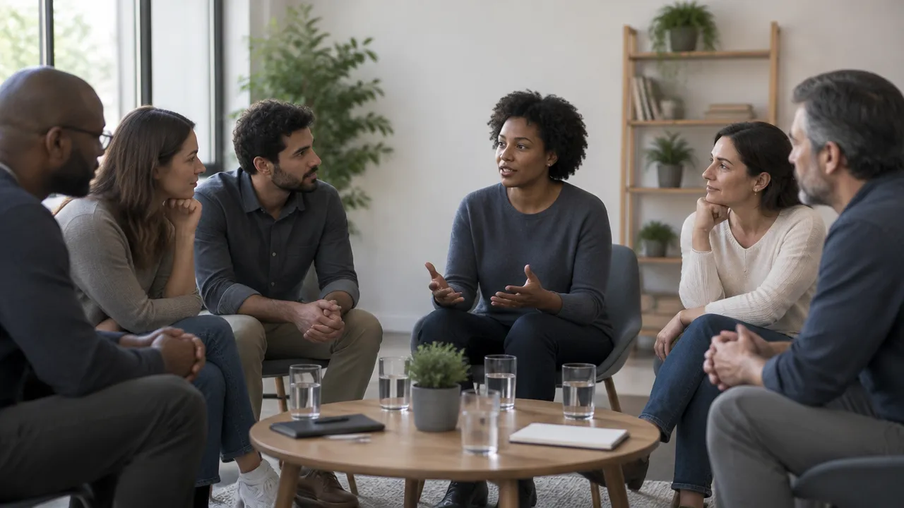 Pessoas diversas em uma conversa de grupo demonstram escuta e emoções sutis, ilustrando como sentimentos e normas se formam nas interações sociais.