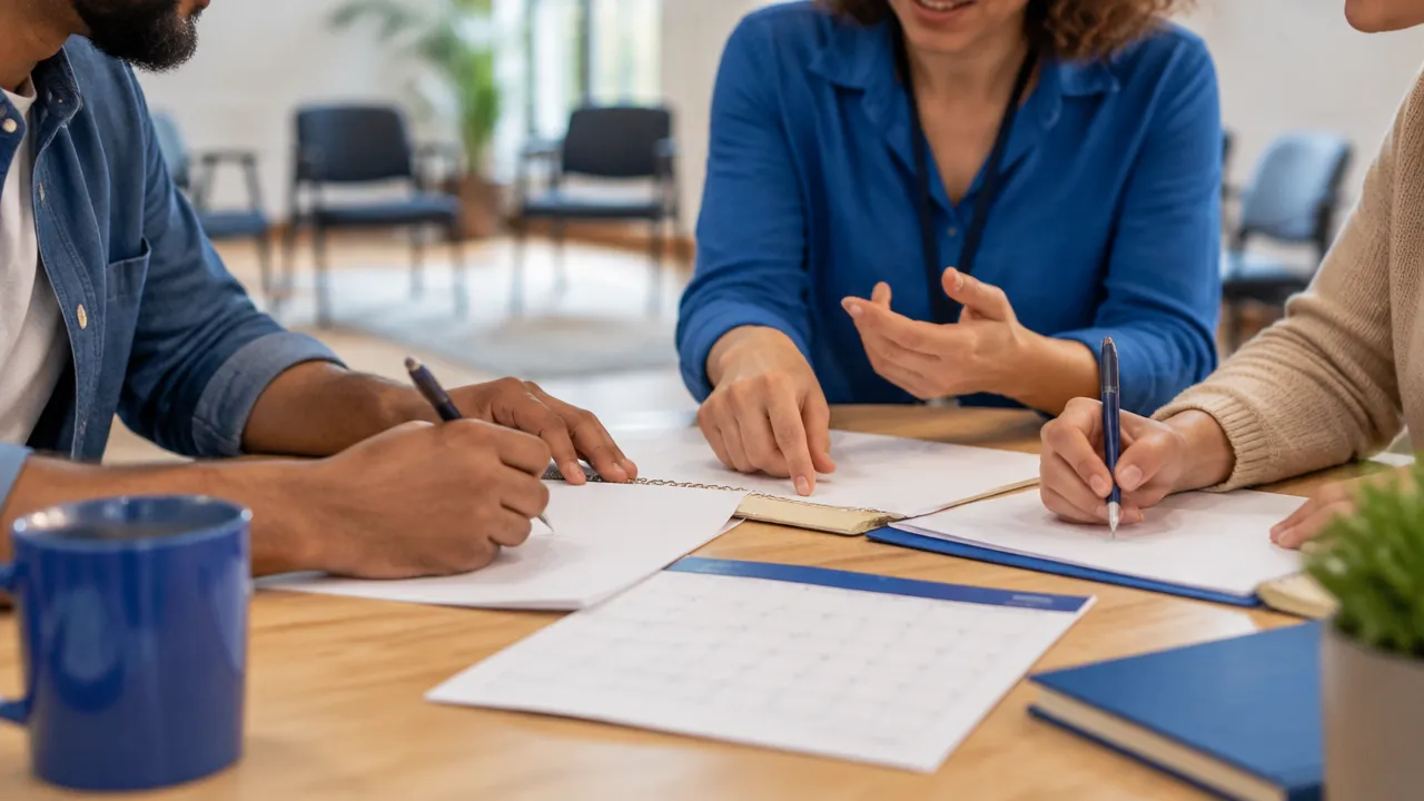 Pessoas e facilitadora registram juntas um plano concreto de reparação após uma conversa restaurativa.