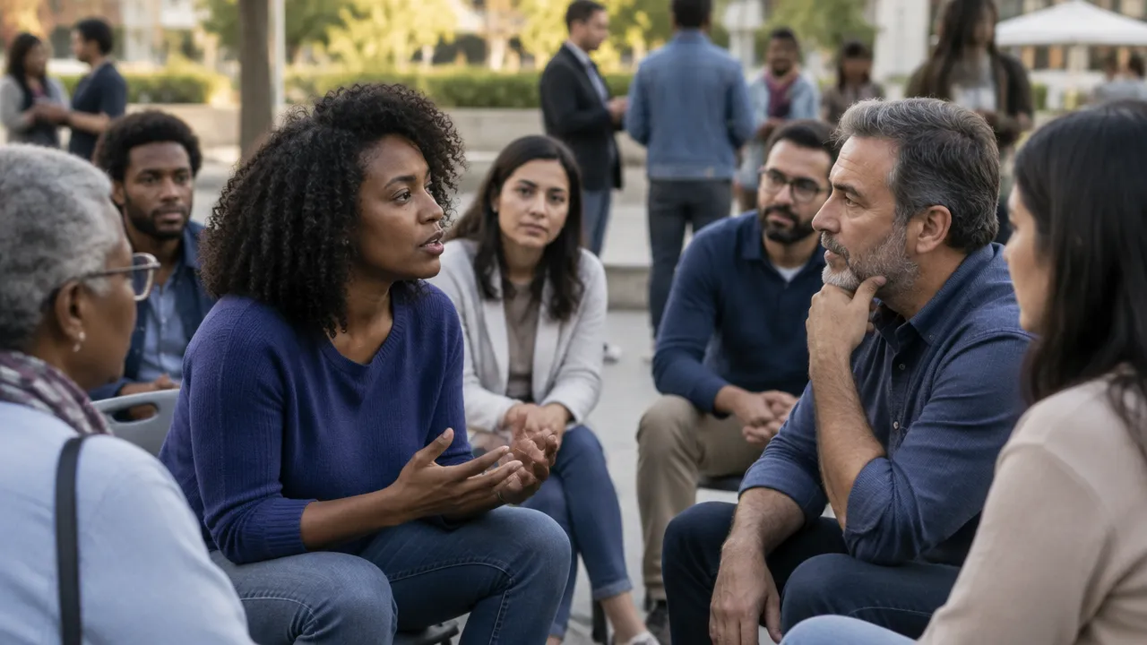 Pessoas em assembleia comunitária compartilham preocupação e solidariedade durante uma conversa
