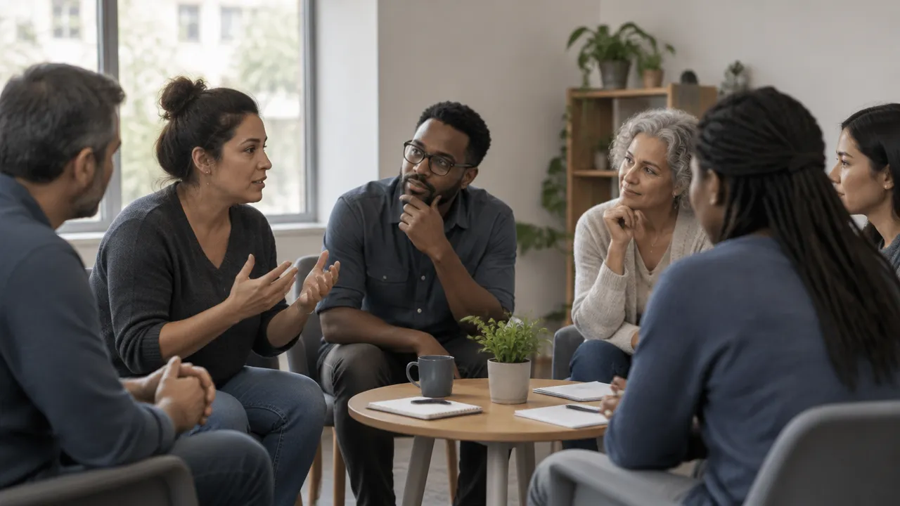 Pessoas em círculo comunitário escutando umas às outras durante uma conversa emocional