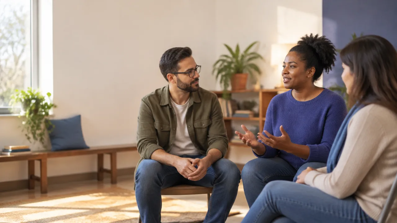 Pessoas em círculo conversam com escuta e respeito em um ambiente comunitário iluminado