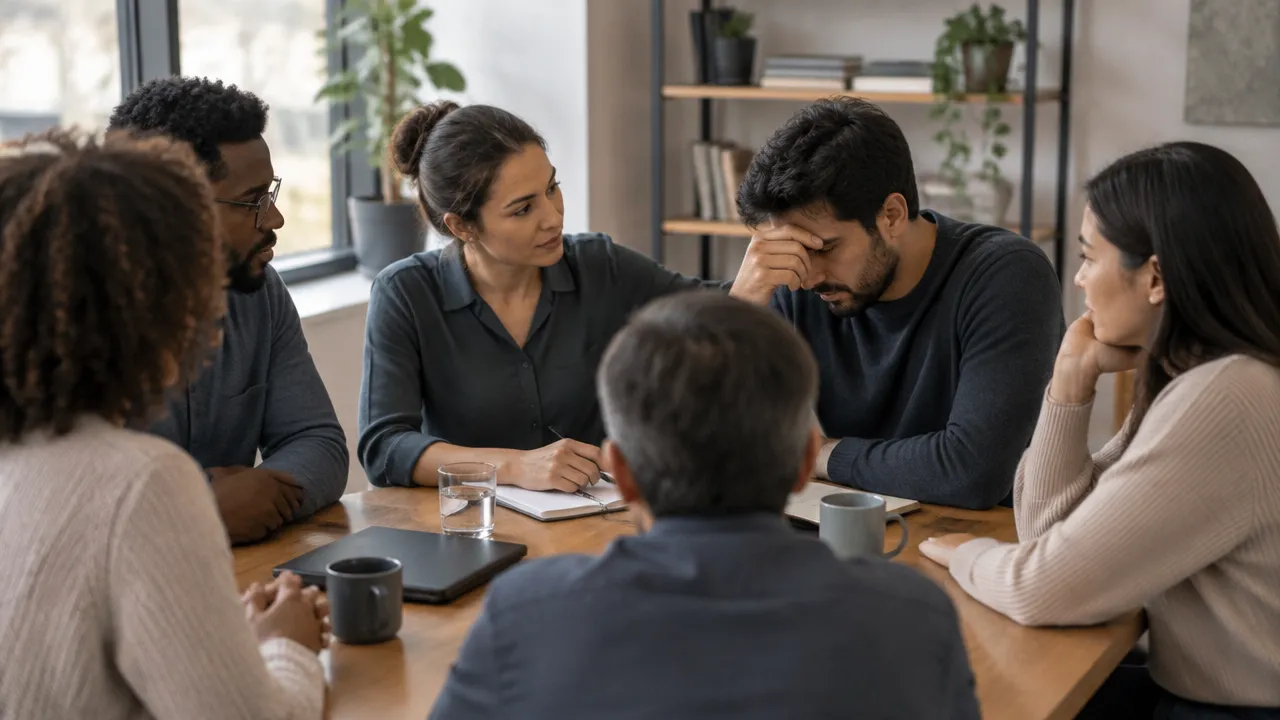 Pessoas em reunião de trabalho respondem às emoções umas das outras com tensão e escuta