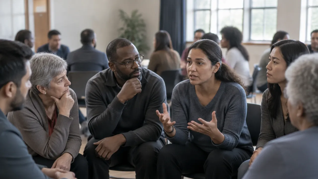 Pessoas em uma reunião comunitária observam e respondem às emoções umas das outras