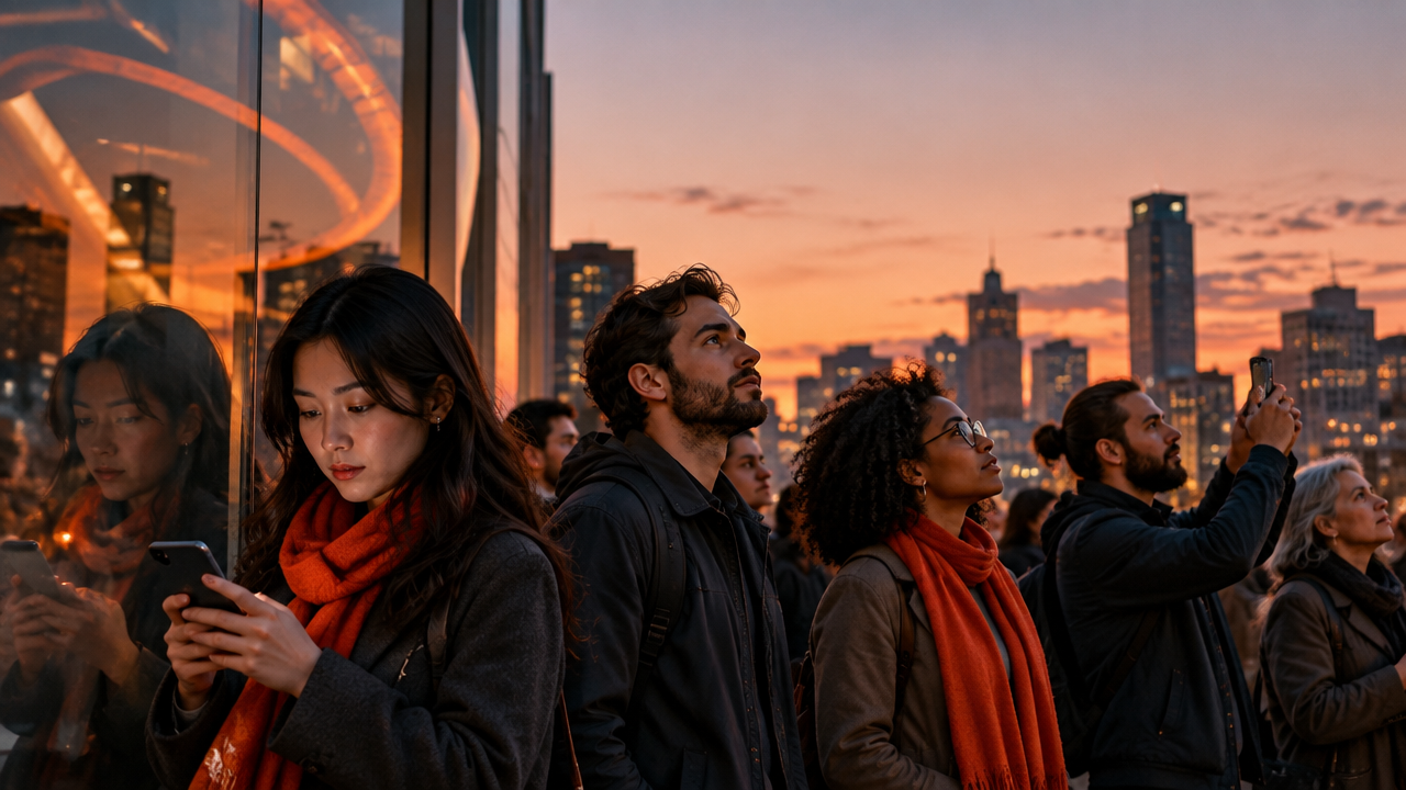 Pessoas em uma rua urbana conectadas por símbolos e comportamentos compartilhados, representando a influência do inconsciente coletivo nas tendências sociais