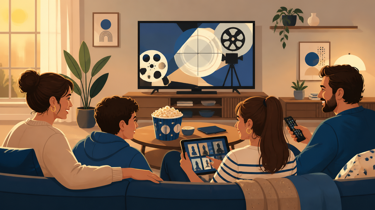 Pessoas escolhendo um clássico dos anos 2000 para assistir juntas em casa