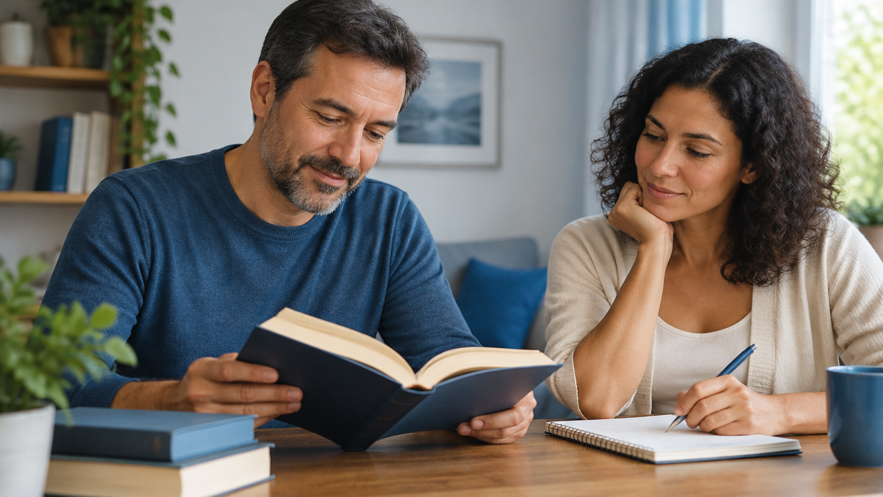 Pessoas estudando e refletindo sobre princípios espíritas com livros e anotações