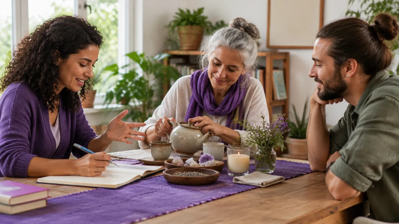 Pessoas planejam juntas um ritual comunitário simples e inclusivo ao redor de uma mesa
