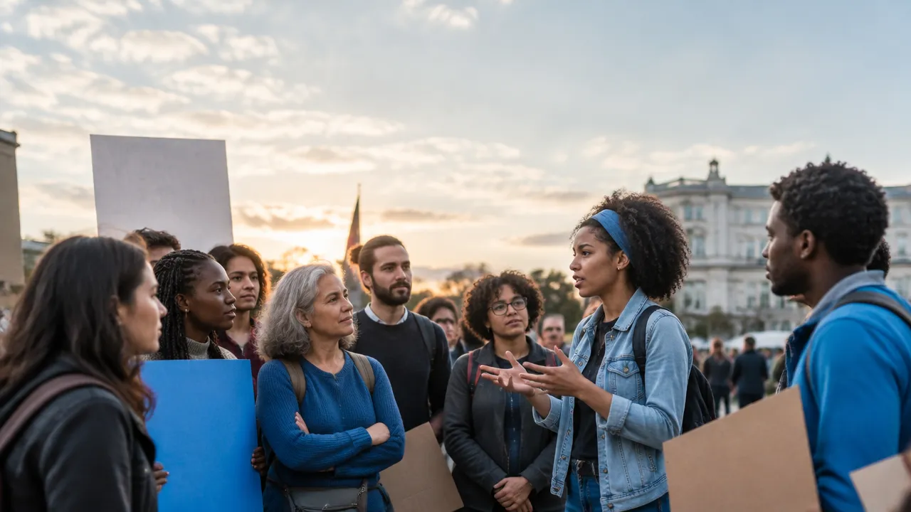 Pessoas reunidas em manifestação pacífica, compartilhando histórias e ideias em uma praça urbana