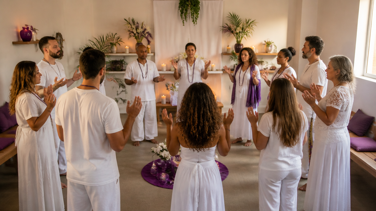 Pessoas vestidas de branco em ambiente espiritual sereno, ilustrando uma gira de Umbanda