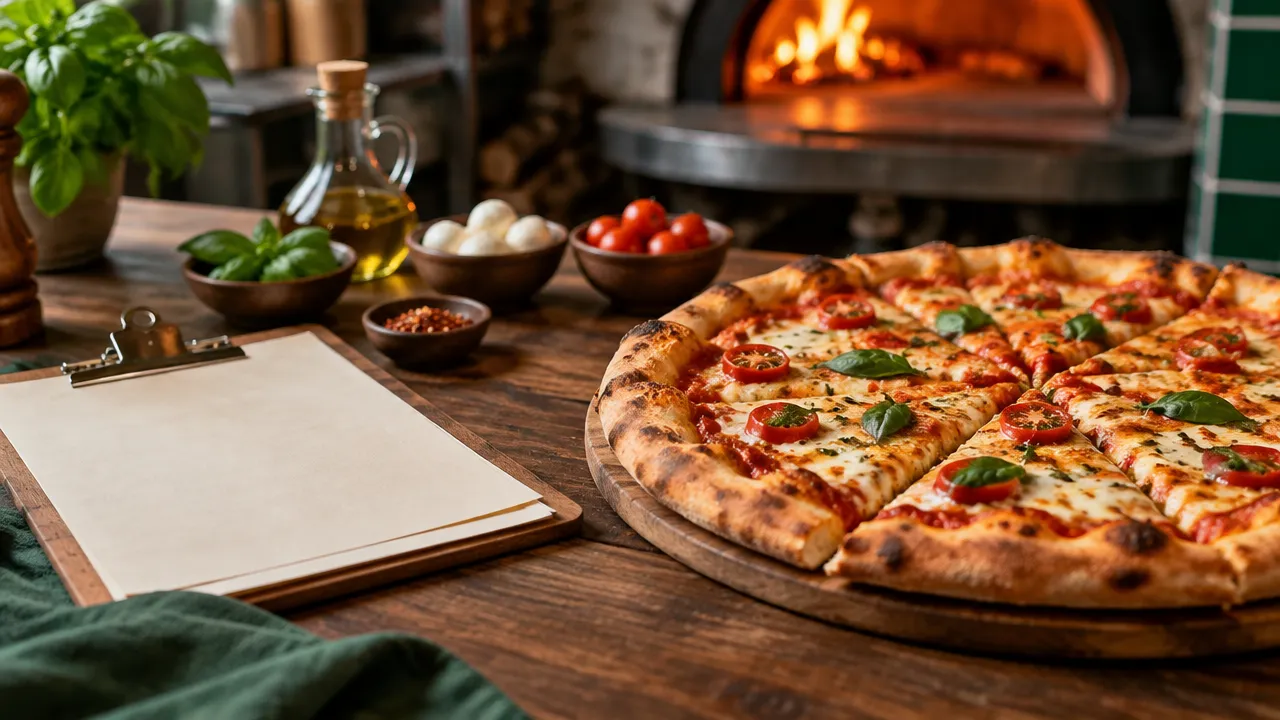 Pizza artesanal ao lado de folhas em branco para planejar um cardápio de pizzaria