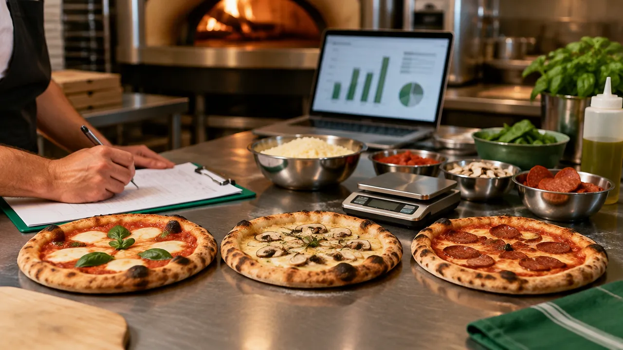 Pizzas de teste e ingredientes organizados para comparar custos e popularidade dos sabores