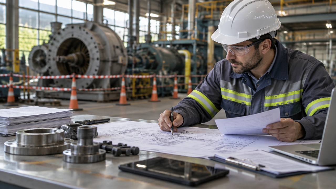 Planejador de manutenção revisando peças críticas antes da definição completa do escopo