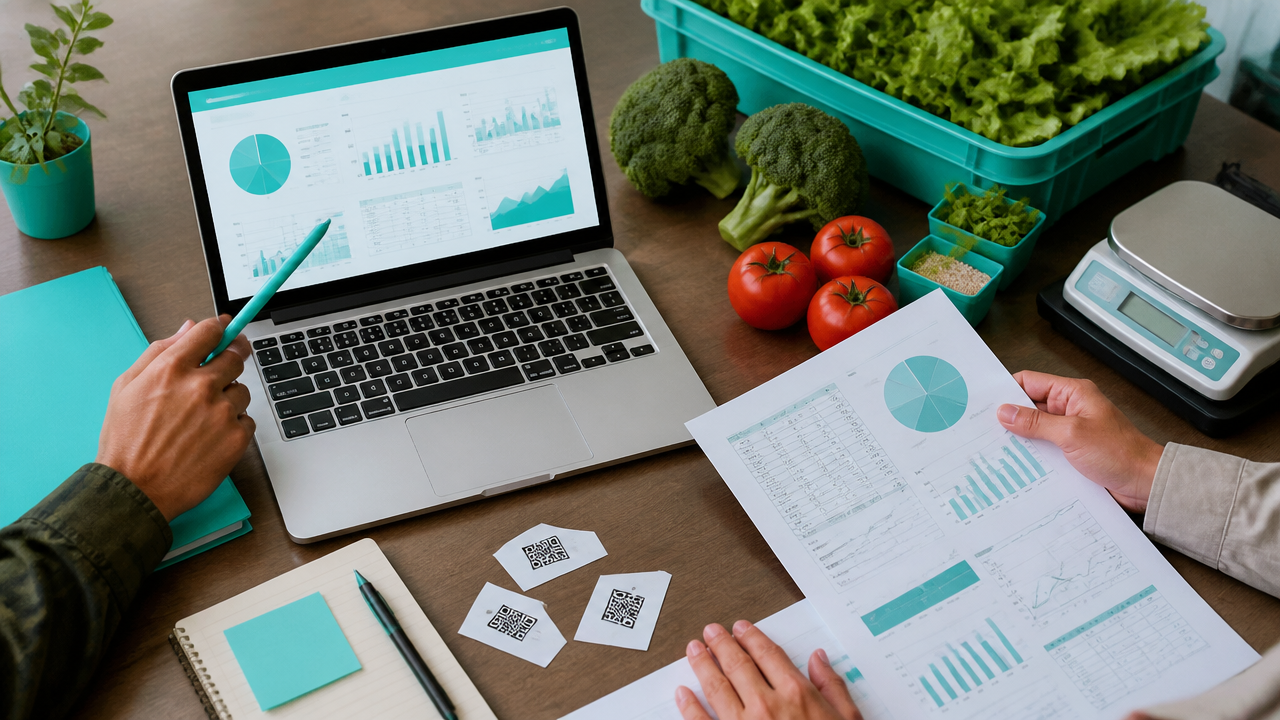 Planejamento agrícola com notebook, documentos e etiquetas de rastreabilidade sobre a mesa