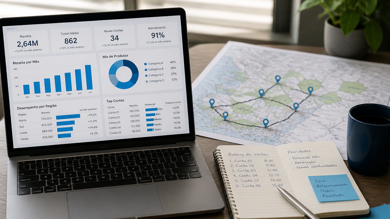 Planejamento comercial com dashboard de contas, mapa e priorização de carteira.