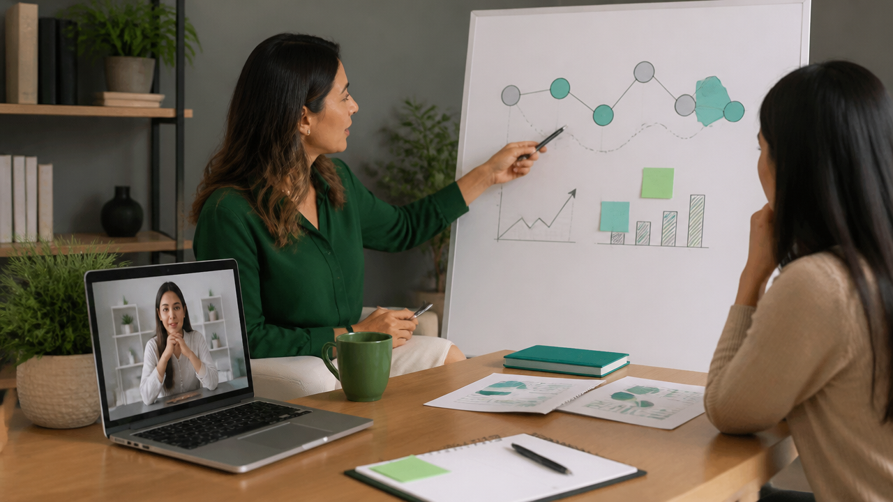 Planejamento consultivo de mentoria com notebook, anotações e mapa de jornada do cliente