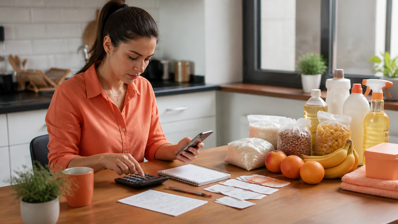 Planejamento da compra com lista, celular e cupons sobre a mesa