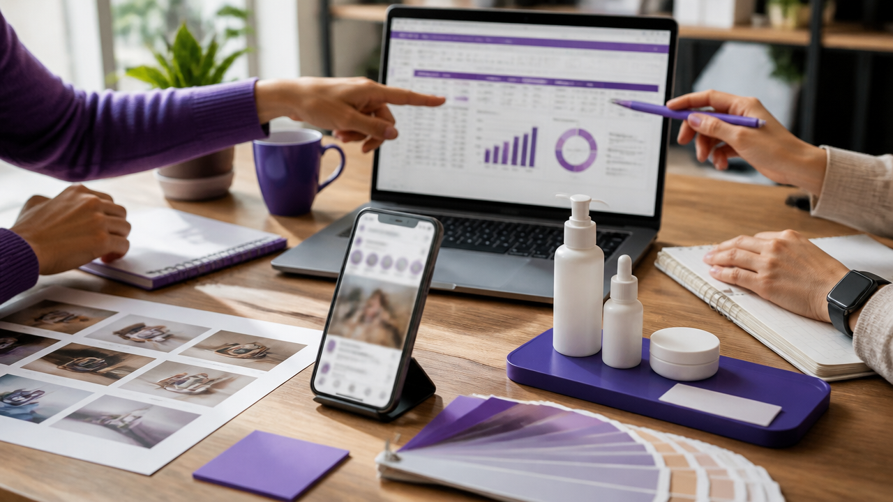 Planejamento de campanha com creators, cupons e métricas em uma mesa de trabalho