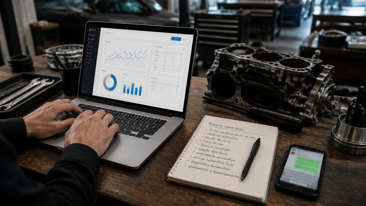 Planejamento de palavras-chave e anúncios locais para oficina mecânica em notebook e bloco de notas