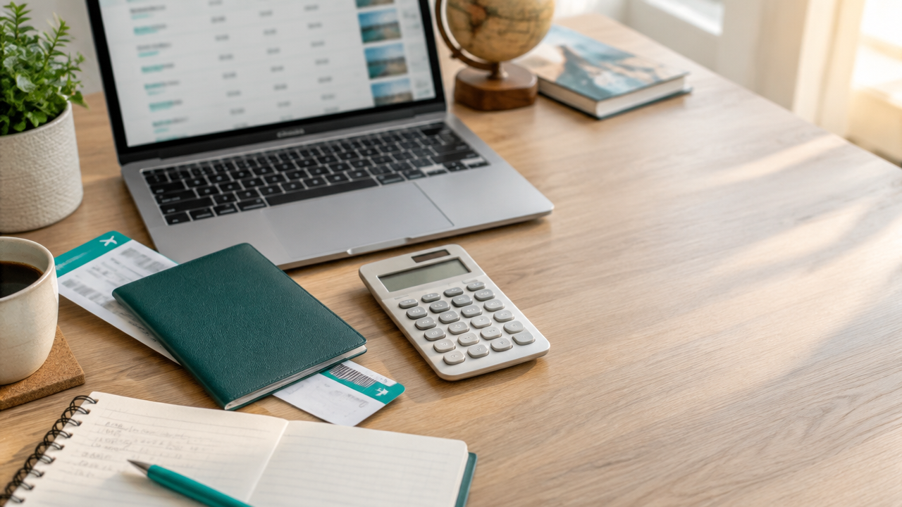 Planejamento de uma viagem com calculadora, caderno e cartão de embarque para comparar resgates de milhas