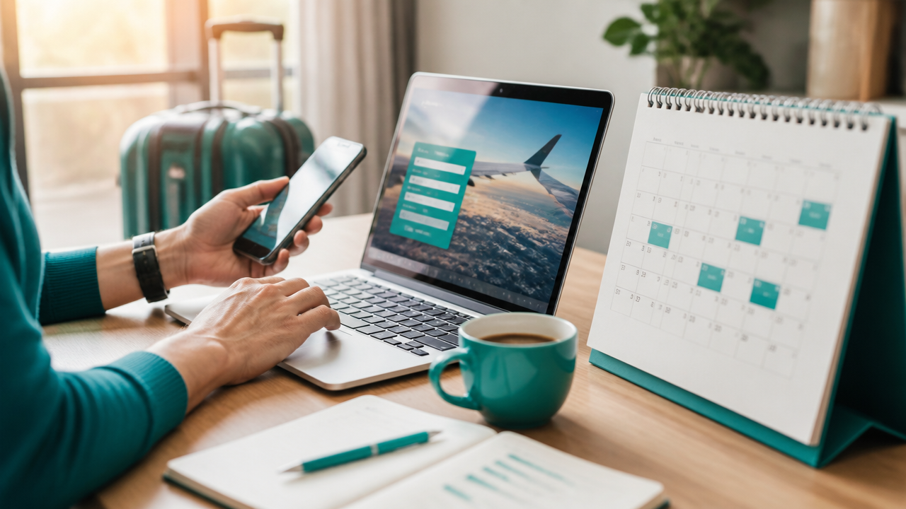 Planejamento de viagem com datas flexíveis e comparação de preços em notebook e celular