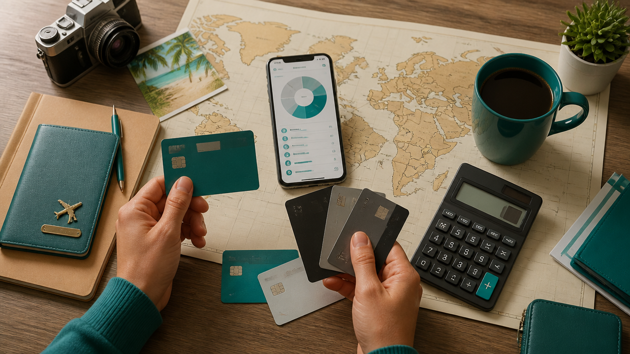Planejamento de viagem com pontos, passaporte e celular sobre a mesa