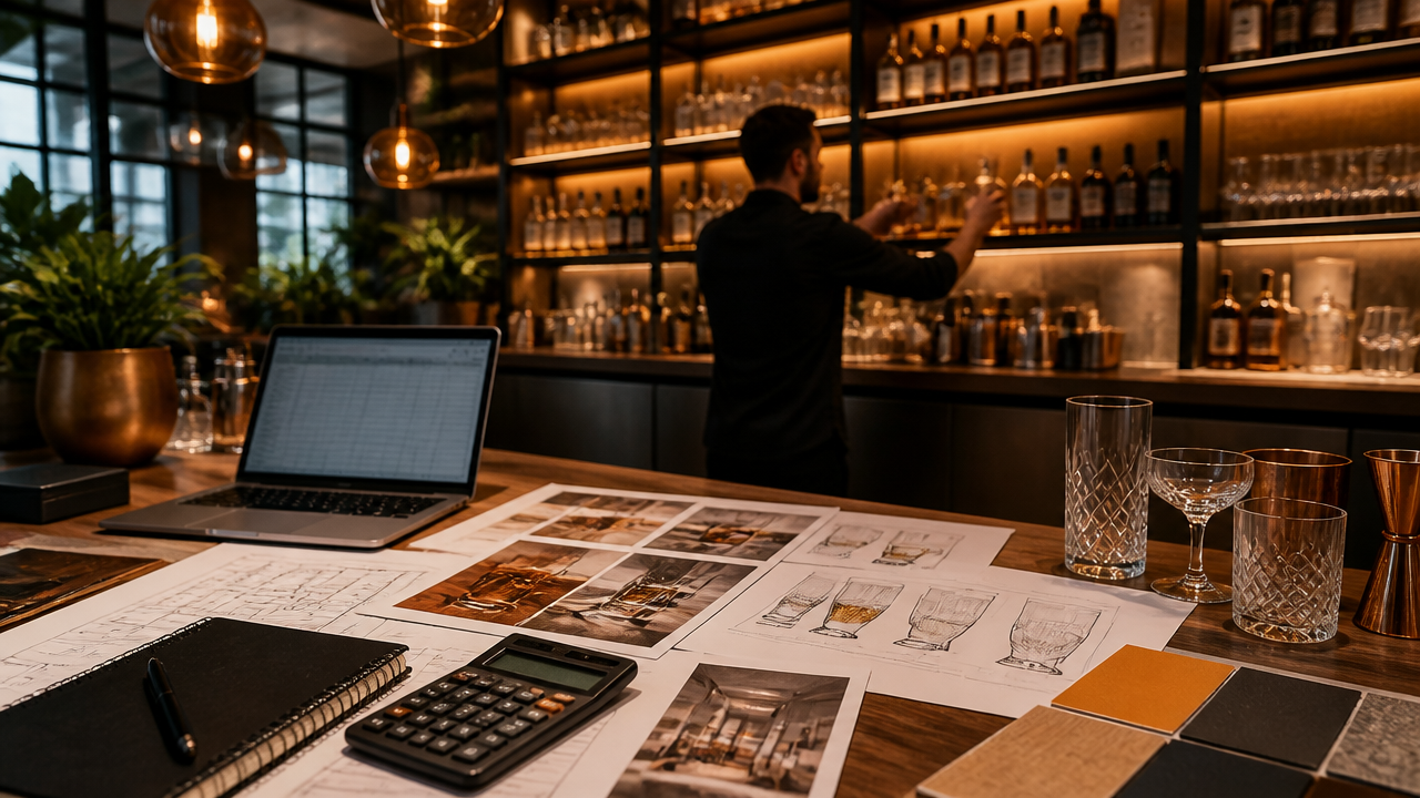 Planejamento e montagem de um bar profissional com bancada, planilhas e estrutura de coquetelaria ao fundo