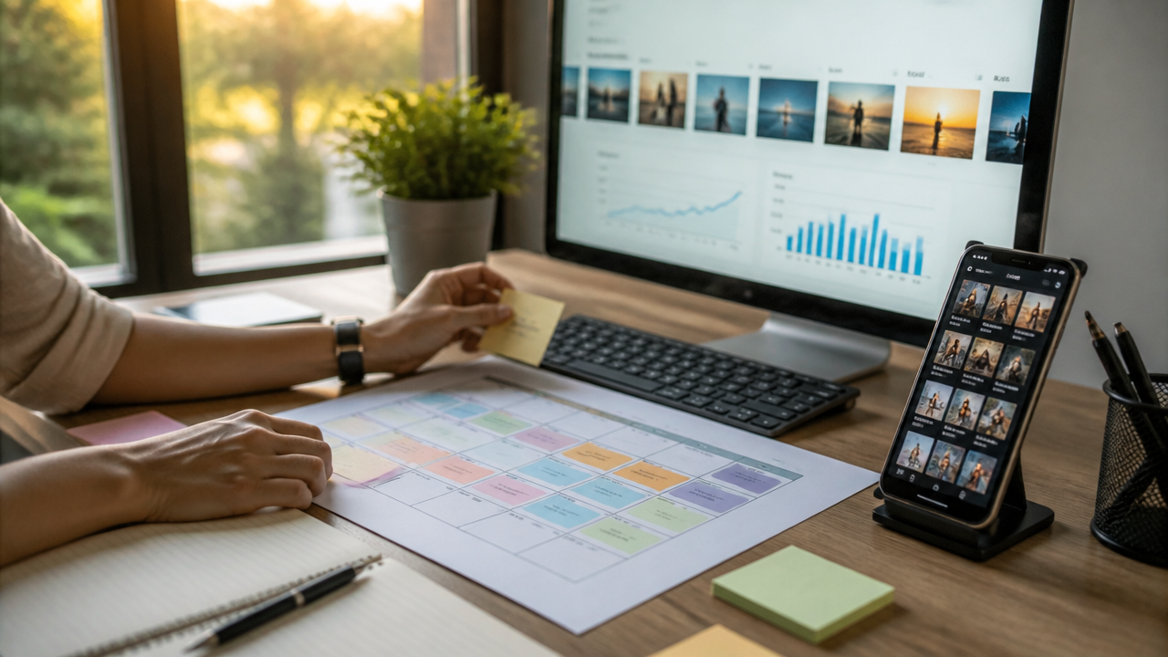 Editorial planning for short videos with calendar, mobile, and performance panel.