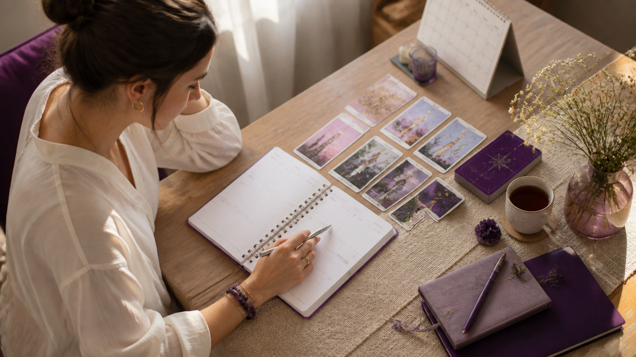 Planejamento semanal com tarot e agenda em uma mesa iluminada.