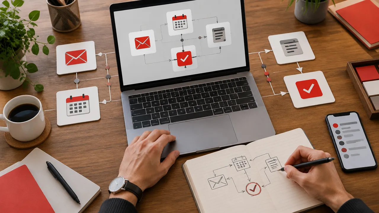 Planejamento visual de conexões entre ferramentas de produtividade em uma mesa de trabalho